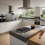 Современная белая кухня с островом, серым фартуком, деревянным полом и большим окном. Стиль - минимализм.