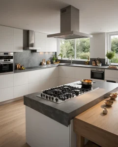 Современная белая кухня с островом, серым фартуком, деревянным полом и большим окном. Стиль - минимализм.