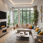 Современная гостиная с панорамными окнами, светлый диван, деревянная мебель, растения, картины.