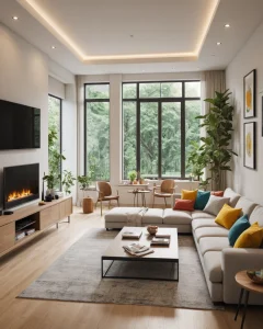 Современная гостиная с панорамными окнами, светлый диван, деревянная мебель, растения, картины.