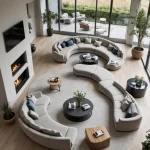 Просторная гостиная с панорамными окнами, большой модульный диван, камин, ковер, растения.