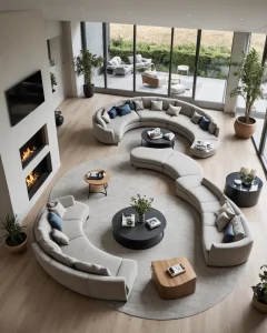 Просторная гостиная с панорамными окнами, большой модульный диван, камин, ковер, растения.