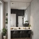 Современная кухня в минималистичном стиле, черные и белые глянцевые фасады, барная стойка, растения, деревянный пол.