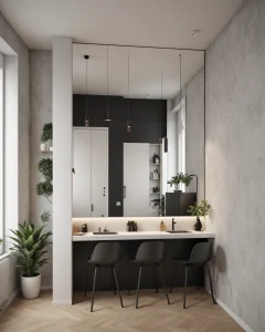 Современная кухня в минималистичном стиле, черные и белые глянцевые фасады, барная стойка, растения, деревянный пол.