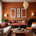 Гостиная в восточном стиле, коричневый диван, ковры с восточным орнаментом, картины, лампы, деревянный стол, растения.