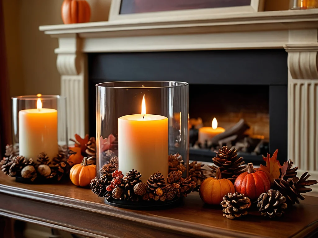 Профессионально оформленная сезонная композиция со свечами для осеннего декора, включающая тыквы, шишки и веточки корицы. Свечи размещены в безопасных подсвечниках-фонарях, обеспечивающих защиту пламени, создавая праздничное и уютное настроение на фоне теплого интерьера.