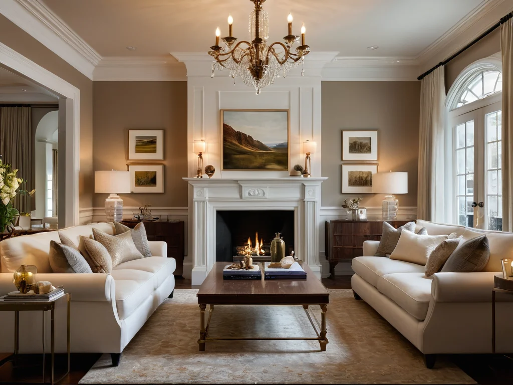 Весь интерьер гостиной, преображенный мягким светом многочисленных свечей, создающих оазис тепла и гармонии. Горящие свечи в различных подсвечниках на журнальном столике, полках и камине наполняют комнату уютным свечением, превращая дом в идеальное место для отдыха и расслабления.