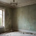 Фотореалистичное изображение старой гостиной с облупившейся масляной краской на стенах, символизирующей необходимость ремонта и подготовки к покраске.