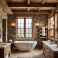 Ванная комната в стиле рустик, каменная стена, деревянные балки, отдельностоящая ванна, деревянная тумба, панорамные окна.