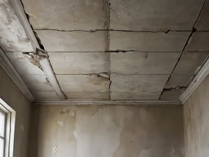 Старый, запущенный потолок с глубокими, потрескавшимися рустами (швами) между плитами, демонстрирующий необходимость их заделки и последствия игнорирования.