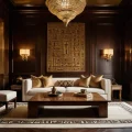 Гостиная в египетском стиле, темные деревянные панели, золотые акценты, египетские мотивы, люстра, диван, роскошь, элегантность.