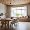 Современная столовая с деревянным потолком, большим окном, деревянным столом и стульями.