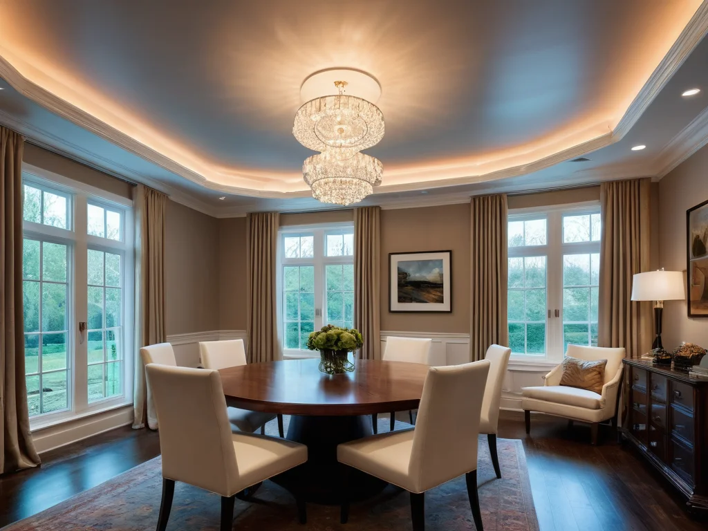 Захватывающий вид комнаты с идеально установленным и ярко сияющим натяжным потолком, демонстрирующий конечный результат успешного проекта освещения, с чек-листом и ответами на частые вопросы.