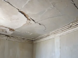 Крупный план старого, потрескавшегося потолка с облупившейся побелкой, демонстрирующий необходимость ее удаления перед ремонтом. Видны повреждения и отслаивающиеся слои старой побелки.