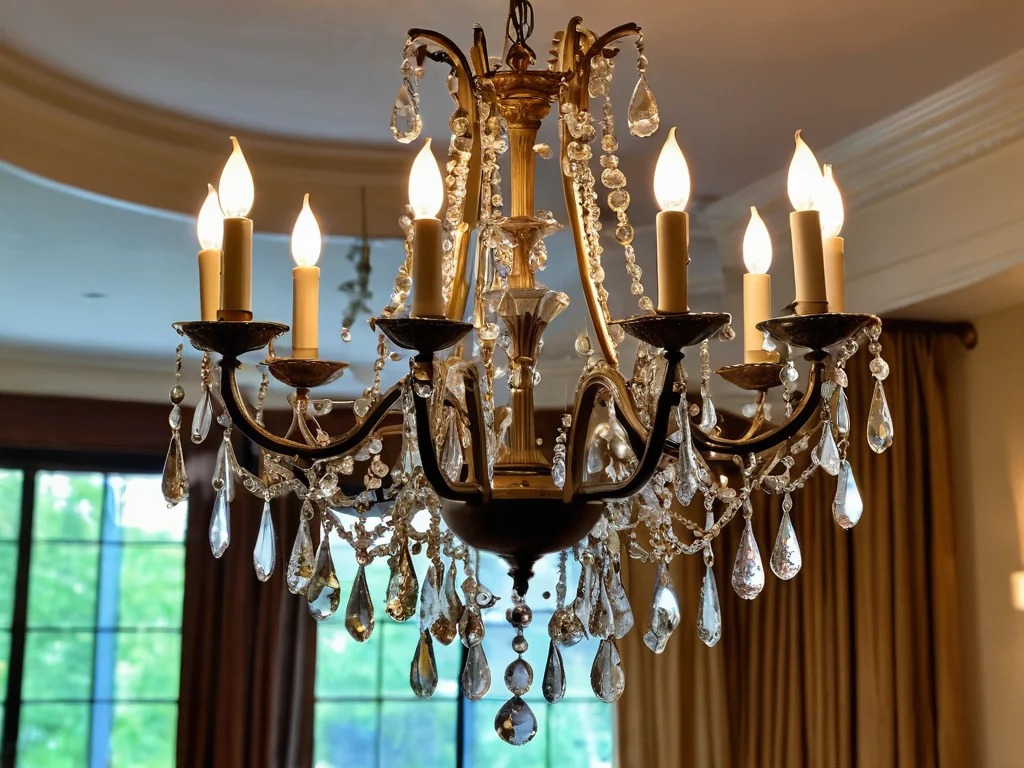 Женщина аккуратно протирает хрустальные элементы люстры мягкой тканью, поддерживая ее сияние и долговечность.