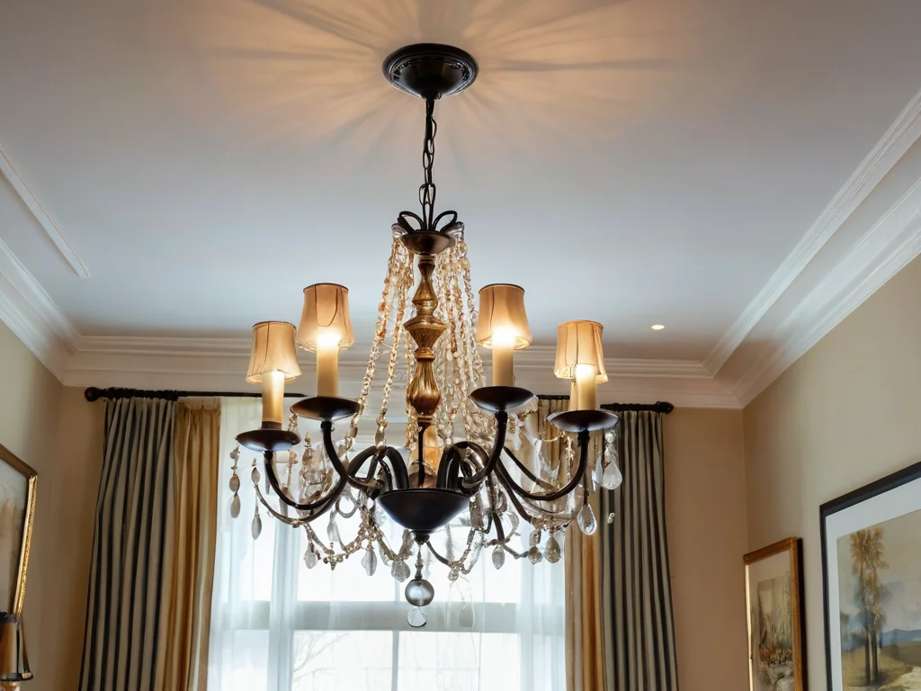 Руки профессионального электрика, надежно закрепляющего люстру на потолке с помощью специальных крепежных элементов.