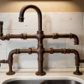 Фотореалистичное изображение старых, изношенных труб водопровода под раковиной с явными следами коррозии и протечек, символизирующее необходимость замены труб в квартире.
