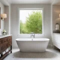 Ванная комната в классическом стиле, светлые стены, белая ванна, деревянная тумба под раковину, большое окно, декор.