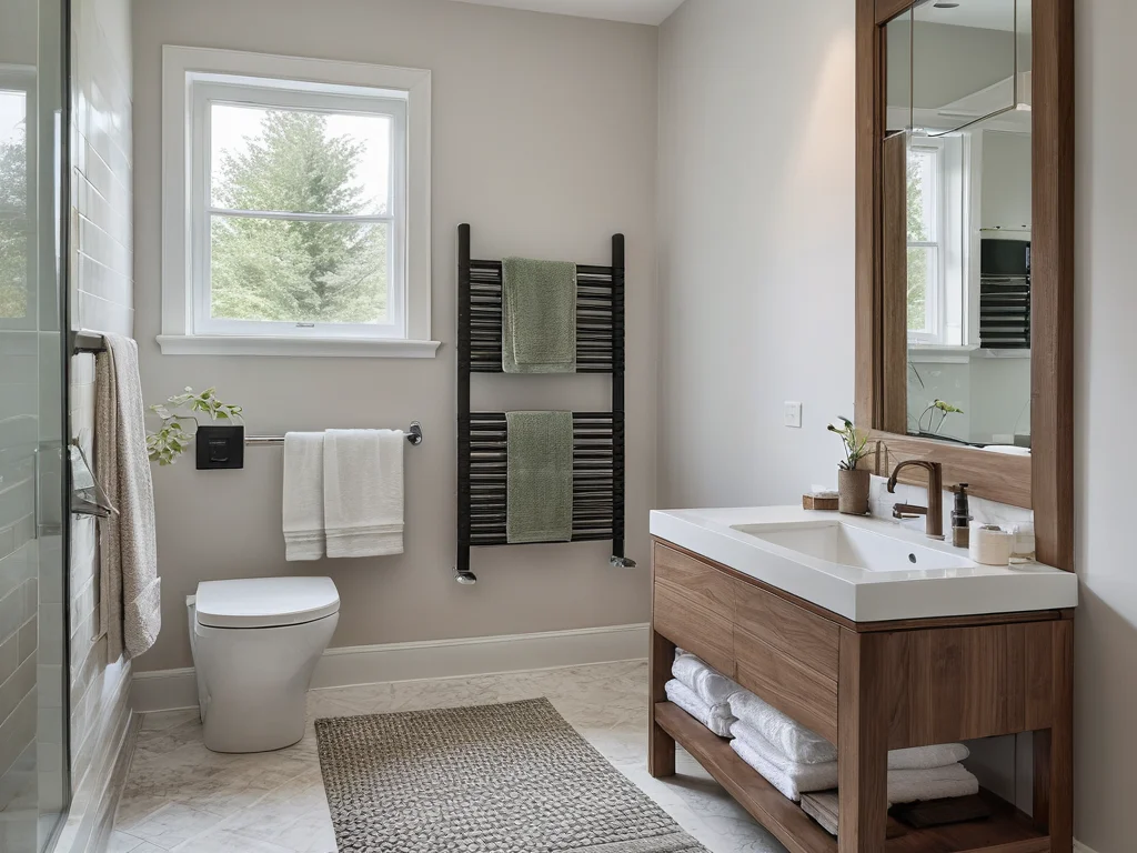 Лайфхаки по использованию полотенцесушителя: крючки для одежды на стойке, настроенный таймер на электрическом приборе, демонстрирующие удобство и функциональность.