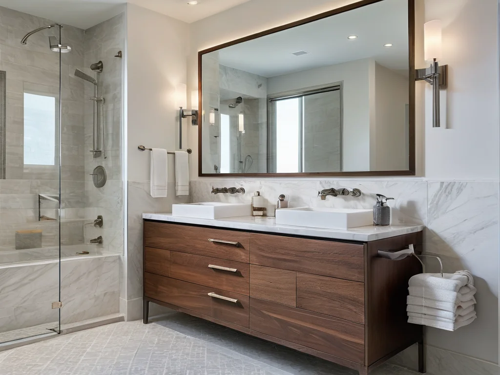 Идеальная ванная комната: полотенцесушитель гармонично вписан в интерьер рядом с современной раковиной и ванной, подчеркивая общий стиль и чистоту линий.