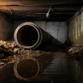 Фотореалистичное изображение забитой канализационной трубы в подвале, демонстрирующее протечку, грязь и мусор, подчеркивающее важность правильного уклона.