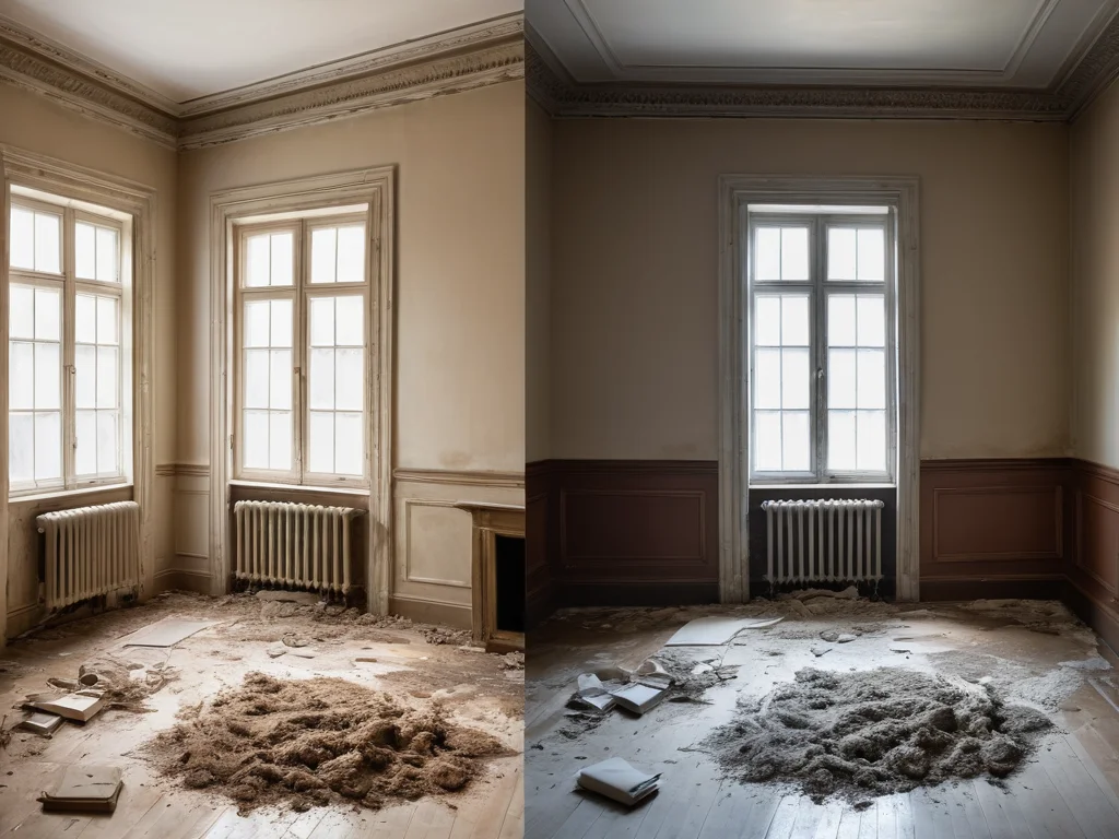 Фотореалистичный коллаж, иллюстрирующий ошибки при уборке строительной пыли: растирание пыли сухой тряпкой, использование агрессивной химии, повреждение поверхностей.