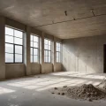 Фотореалистичное изображение строительной пыли, витающей в лучах света в недостроенном помещении с грубыми поверхностями, демонстрирующее атмосферу после ремонта.