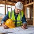 Фото интерьера: мужчина в каске и жилете работает над чертежами дома на строительной площадке, ремонт, проектирование.