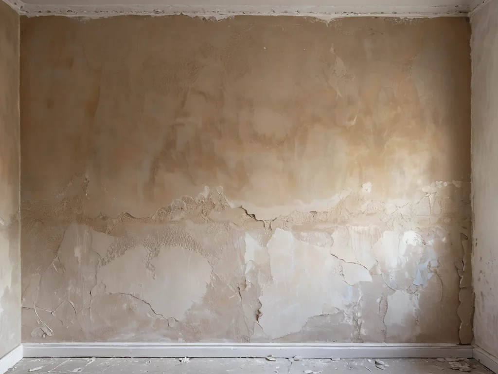 Gros plan photoréaliste d'erreurs typiques lors du mélange du plâtre : fissures, surface irrégulière, composition incorrecte, illustrant les problèmes de rénovation.