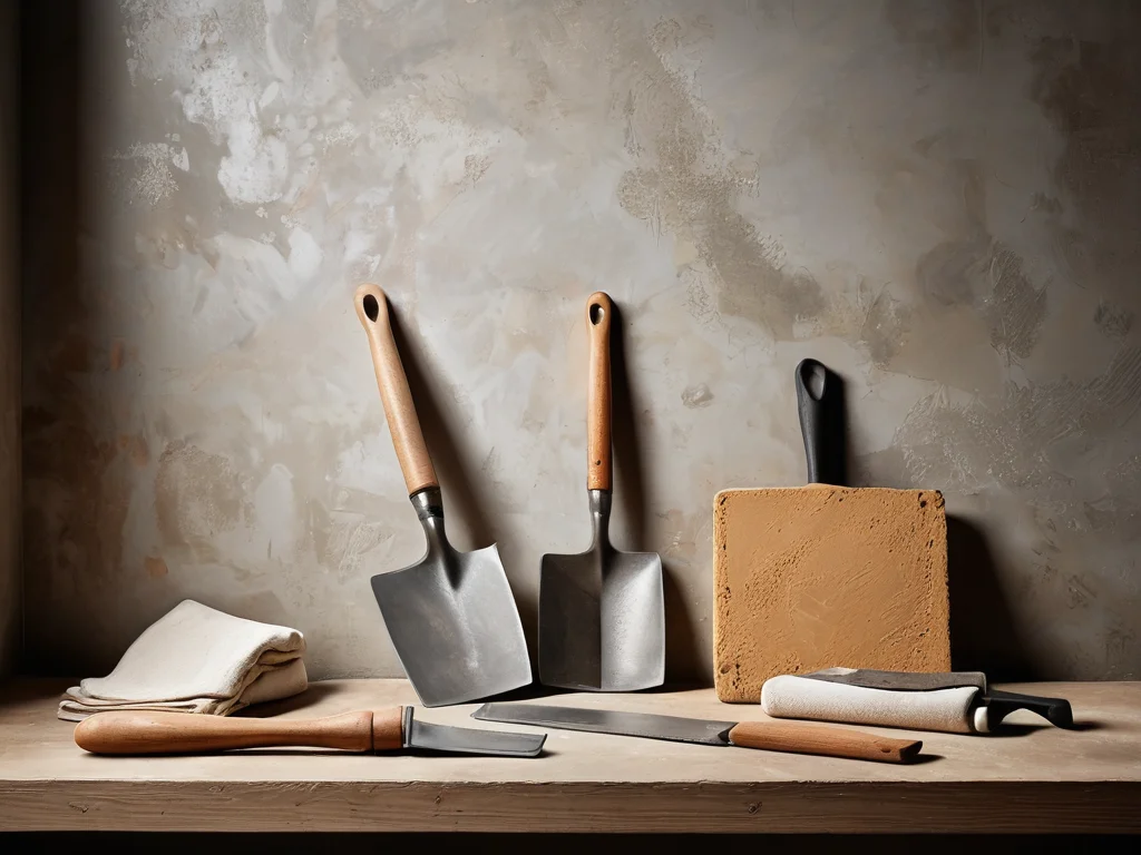 Vue photoréaliste de divers outils pour mélanger le mortier de plâtre : truelle, spatule, mélangeur de chantier dans un atelier, comparaison d'équipements professionnels.