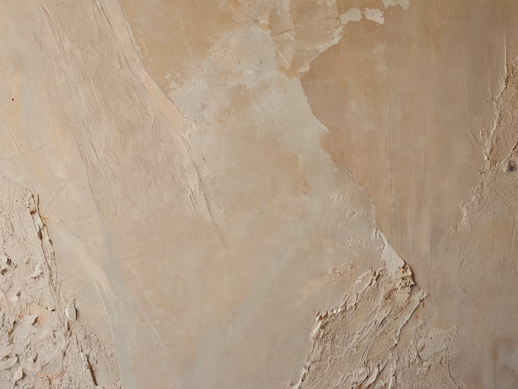 Gros plan photoréaliste de différents types de mélanges de plâtre aux textures variées, présentés comme matériaux de construction pour la finition intérieure.