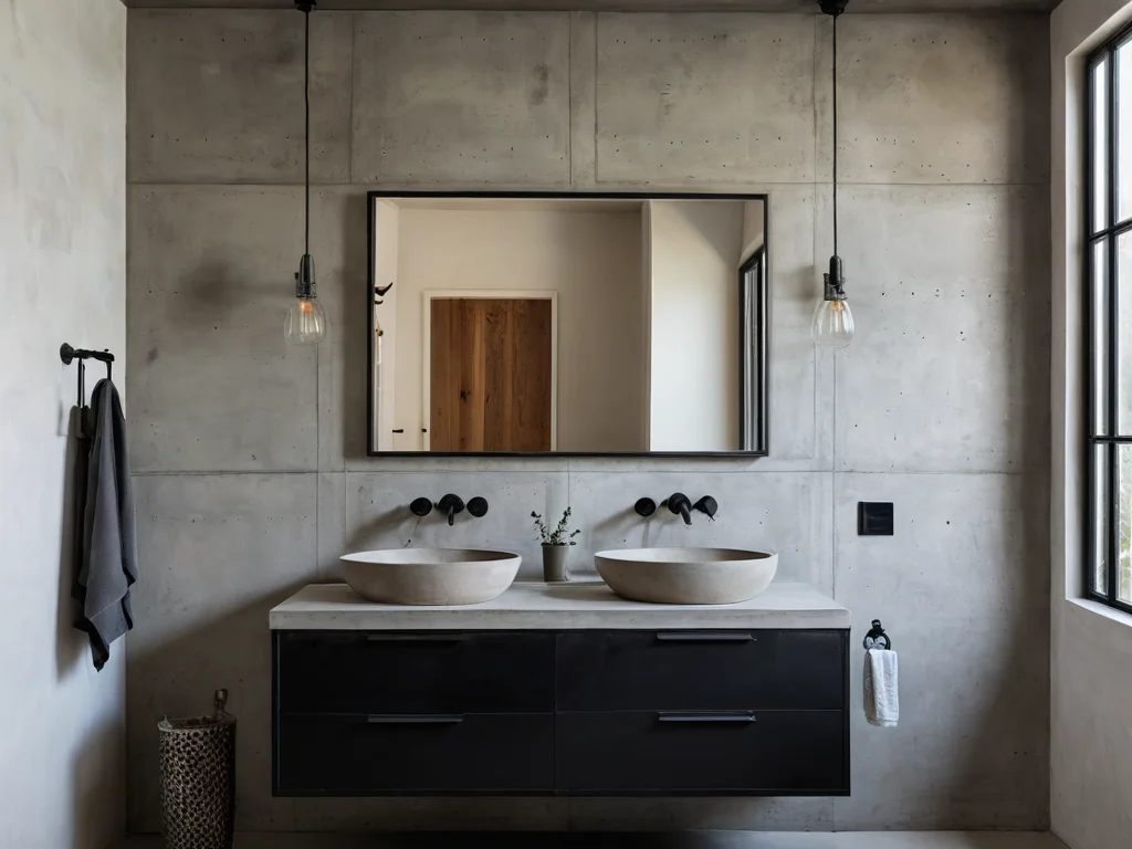 Ванная комната с матовой поверхностью стен из цементной штукатурки в индустриальном стиле, с черными матовыми смесителями и минималистичной мебелью.
