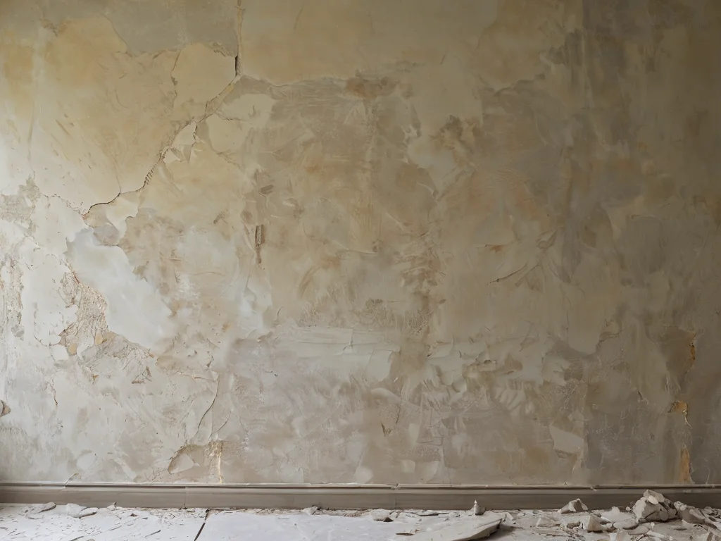 Крупный план стены с ошибками при нанесении штукатурки: неровности, трещины и отслоения, демонстрирующие типичные проблемы в ремонте.