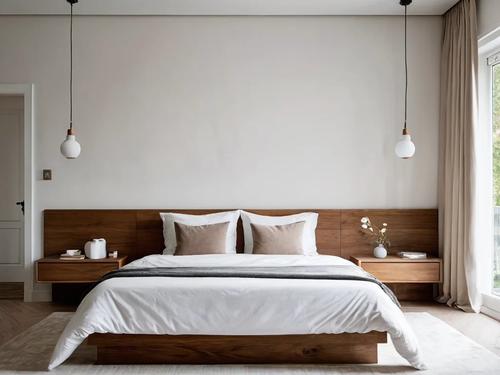 Спальня с гладкой поверхностью стен из гипсовой штукатурки в скандинавском стиле, с мягким текстилем и деревянными акцентами.