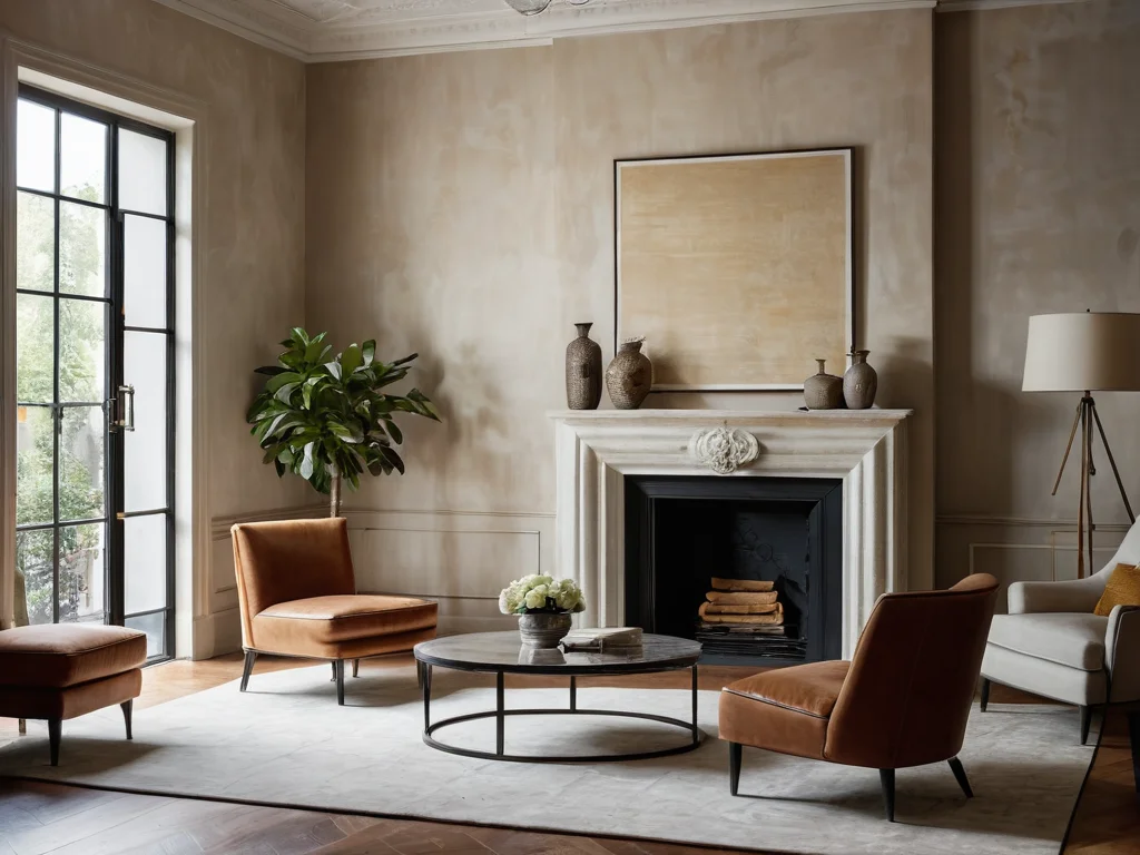 Гостиная в стиле неоклассика, бежевые тона, камин, два кресла, кофейный столик, картина, освещение, уютный интерьер.