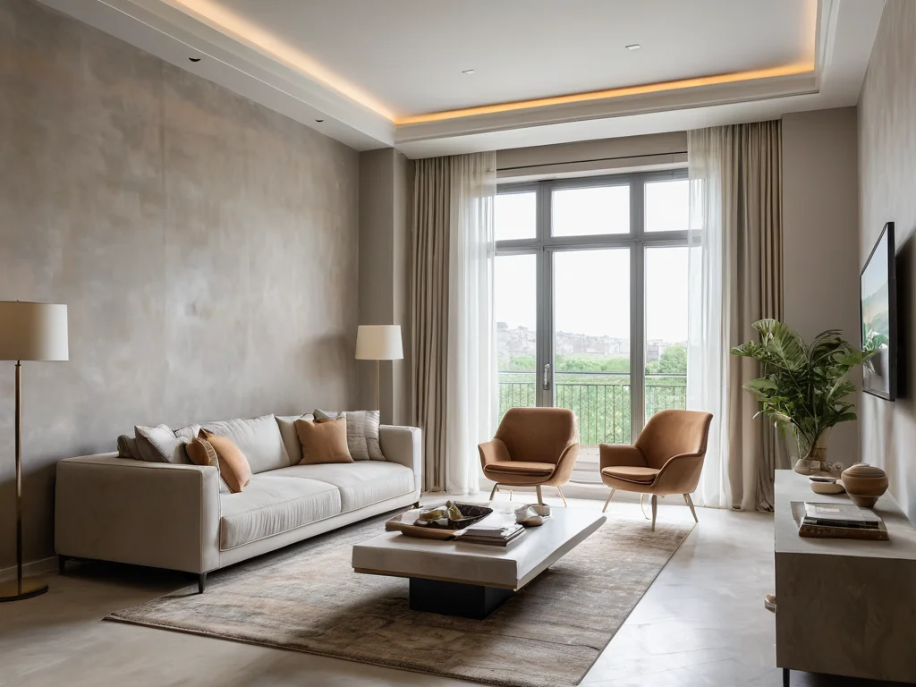 Интерьер обновленной комнаты, где сделан финальный выбор между гипсовой и цементной штукатуркой, демонстрирующий современный стиль и эстетику.