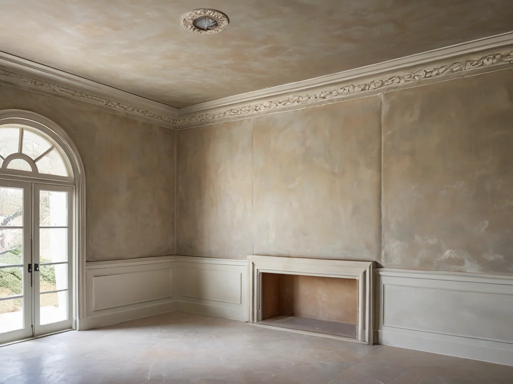 Мастер-класс по нанесению штукатурки: профессиональные руки демонстрируют секреты создания уникальной текстуры на стене в студийном освещении.