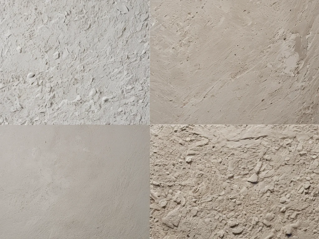 Детальное сравнение текстур гипсовой и цементной штукатурки крупным планом, демонстрирующее разницу в гладкости и шероховатости, на нейтральном фоне.