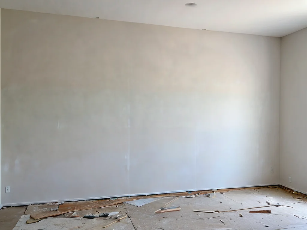 Фотореалистичное изображение с разделением: одна сторона стены с видимыми дефектами, другая — идеально ровная после установки гипсокартона, демонстрирующее впечатляющую трансформацию в современном интерьере.