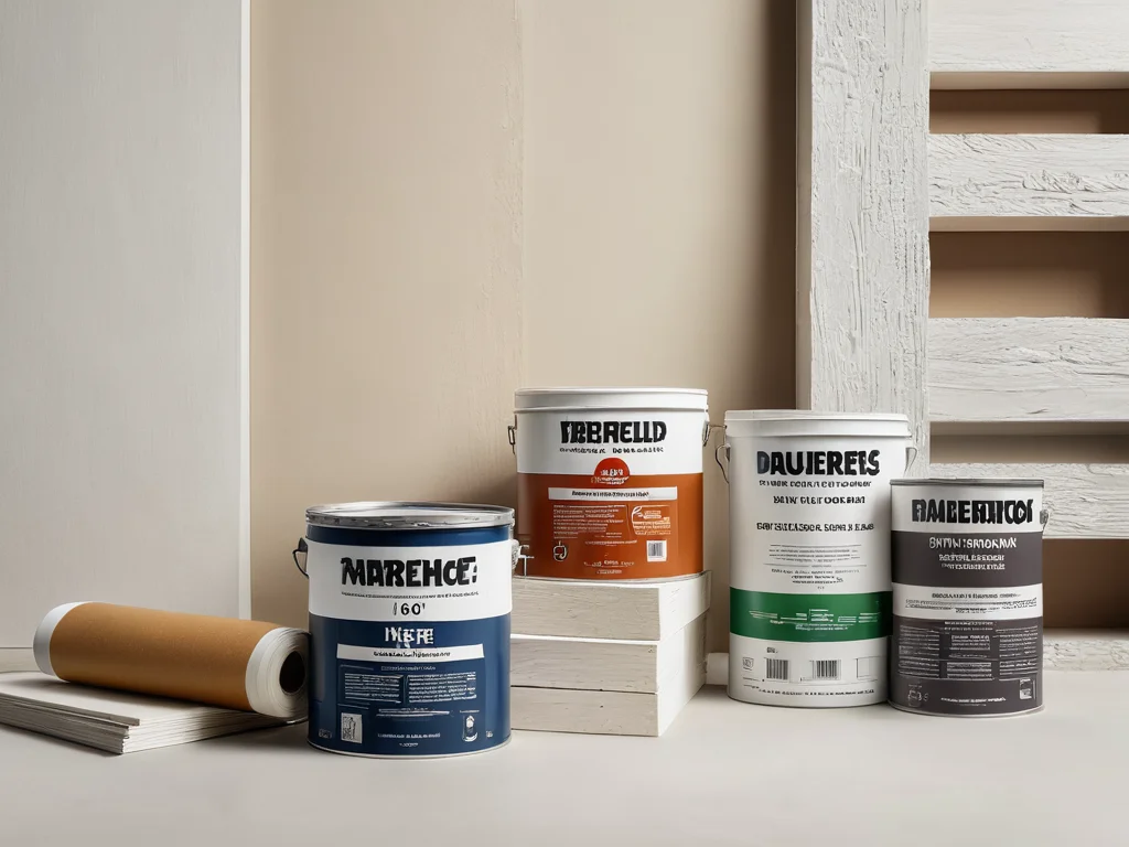 Фотореалистичная композиция из различных адгезивных продуктов для гипсокартона с разными текстурами и консистенцией, крупный план на этикетках в обстановке мастерской.