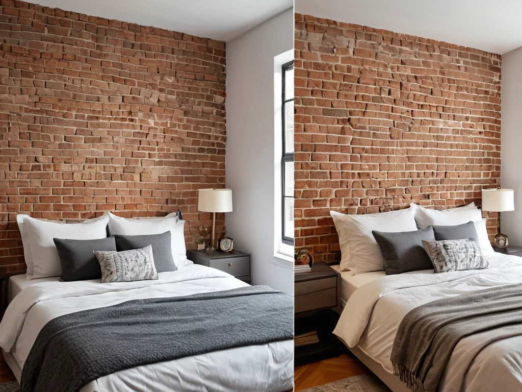 Фотореалистичное изображение спальни в небольшой квартире с неровной кирпичной стеной, требующей выравнивания; демонстрация 'до и после' для ненавязчивого ремонта с акцентом на экономию пространства.