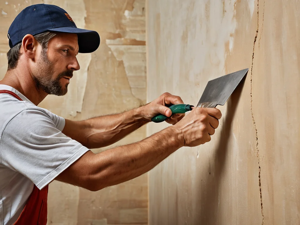 Фотореалистичный кадр мастера, использующего зубчатый шпатель для нанесения клея на гипсокартон, демонстрирующий эффективную технику с минимальными отходами материала и практические советы для создания ровных стен.