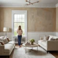 Гостиная в стиле неоклассика, бежевые тона, два дивана, большое окно, декоративная штукатурка, кофейный столик, освещение.
