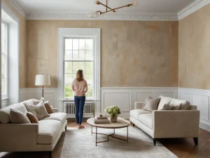 Гостиная в стиле неоклассика, бежевые тона, два дивана, большое окно, декоративная штукатурка, кофейный столик, освещение.