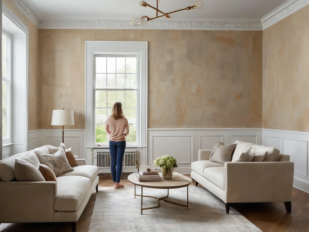 Гостиная в стиле неоклассика, бежевые тона, два дивана, большое окно, декоративная штукатурка, кофейный столик, освещение.