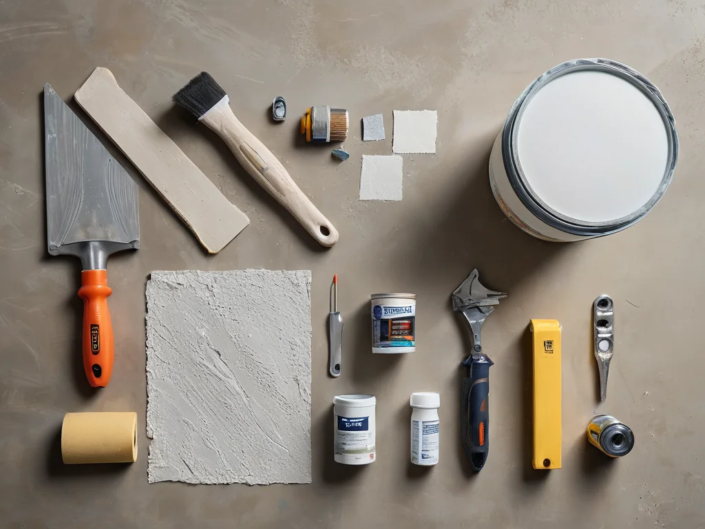 Фотореалистичная композиция, показывающая необходимые материалы и инструменты для заделки швов гипсокартона: шпаклевка, шпатель, серпянка, наждачная бумага, ведро, миксер, подготовка к бесшовному результату.