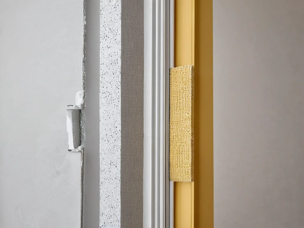 Фотореалистичное изображение крупным планом, демонстрирующее различные типы армирующих лент для швов гипсокартона: серпянка, бумажная лента и флизелин, уложенные на стык для прочности.