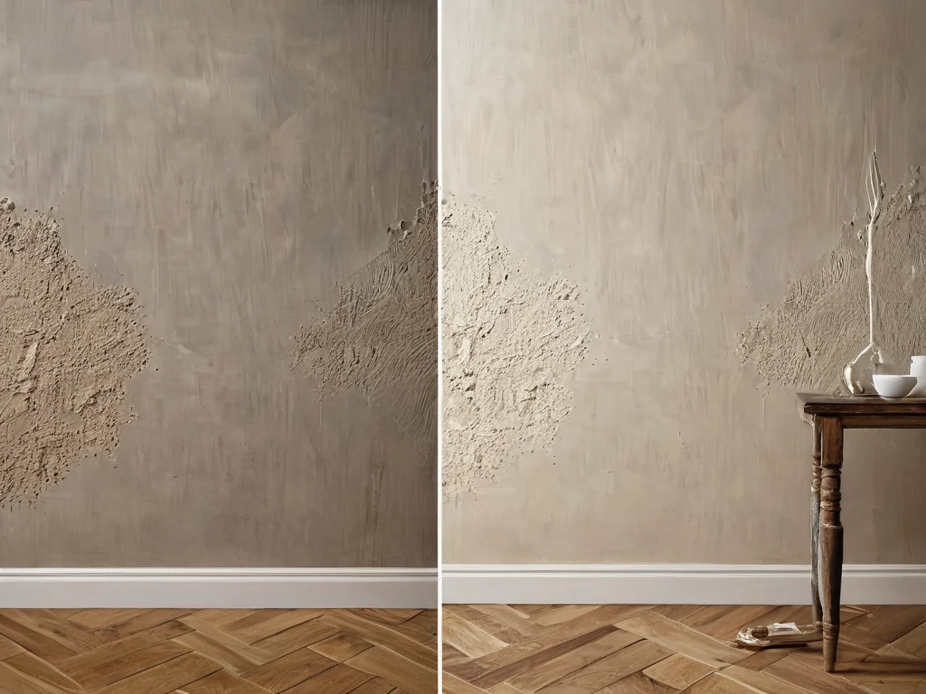 Фотореалистичное изображение распространенных ошибок при шпаклевке стен под обои: неровности, трещины, пузыри, на контрасте с идеально подготовленной поверхностью.