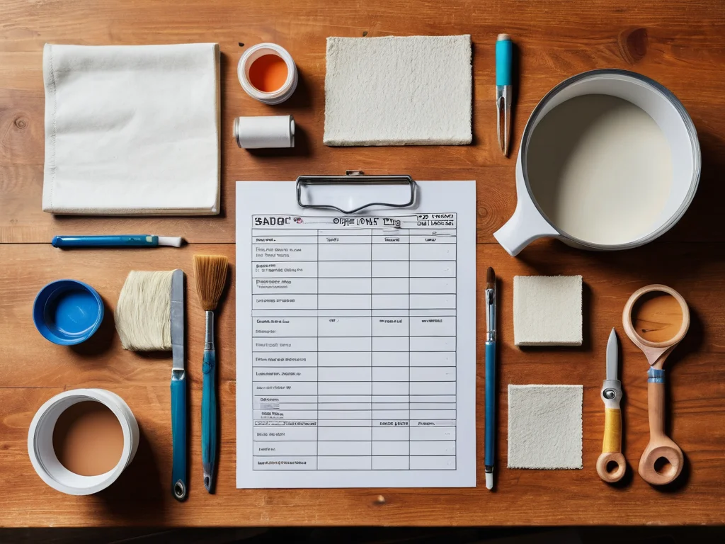 Фотореалистичный вид сверху на чек-лист для идеальной шпаклевки стен под обои, разложенный вместе с инструментами мастера, для наглядного контроля процесса.