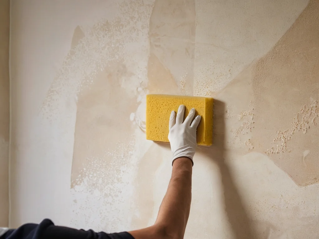 Фотореалистичное изображение процесса очистки и грунтования стены перед шпаклевкой и поклейкой обоев, подчеркивающее важность подготовки поверхности.